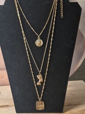 Gold-Tone Layered Pendant Necklace with Coin and Profile Charms